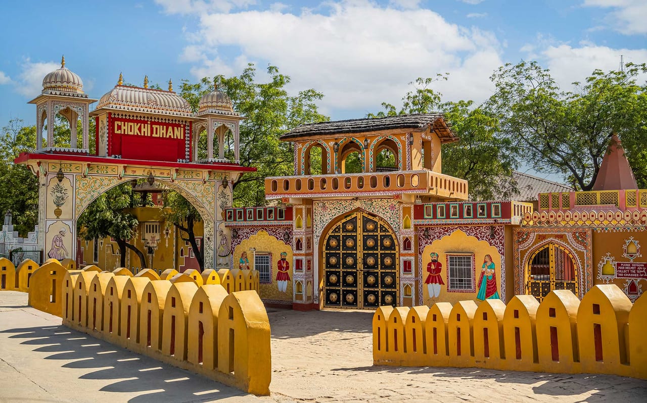 Traditional entrance of Chokhi Dhani in Jaipur