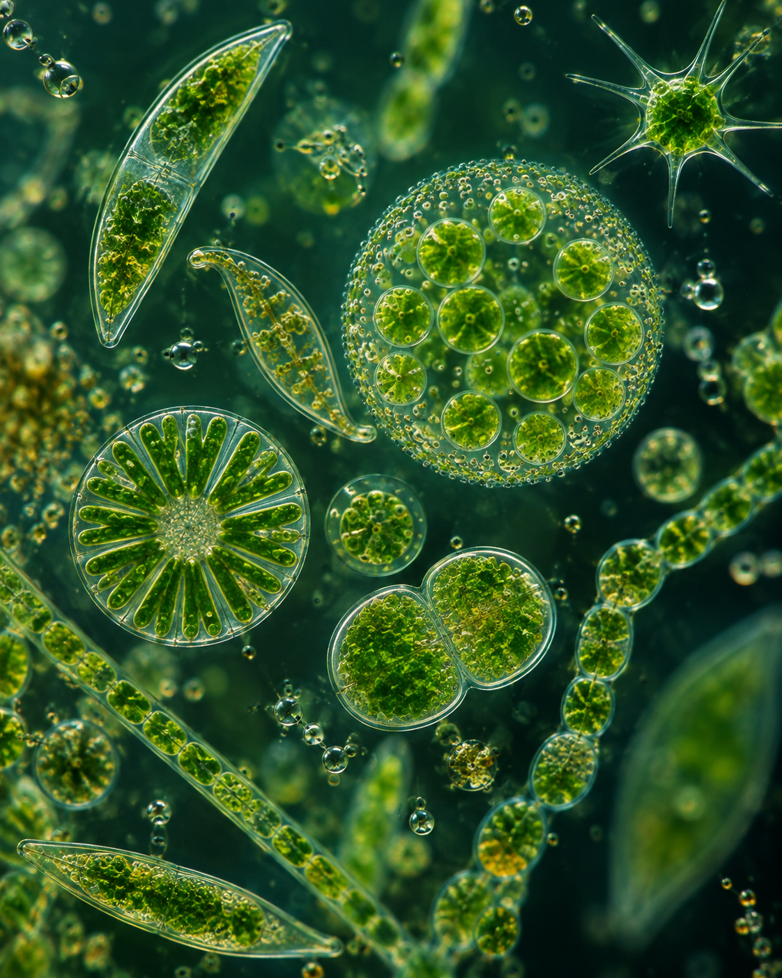 Microscopy-inspired scientific image of diverse green microalgae cells